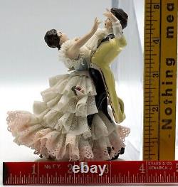 Antique Dresden Lace Porcelain Dancing Couple Figurine Marked D inside a Crown