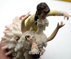 Antique Dresden Lace Porcelain Dancing Couple Figurine Marked D inside a Crown