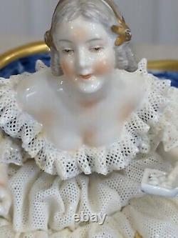 Antique Dresden Lace Porcelain Figurine Girl Sofa Parrot Roses Unter Weiss Bach