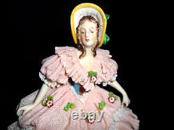 Antique Dresden Pink Lace German Porcelain Lady Figurine with Yellow Bonnet