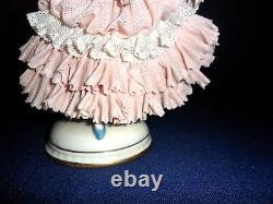Antique Dresden Pink Lace German Porcelain Lady Figurine with Yellow Bonnet