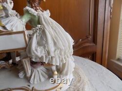Antique Dresden Porcelain Victorian Couple Playing Musical Instruments Lace