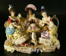 Antique Dresden VOLKSTEDT Porcelain Figurine Three Lady Having Tea Time