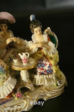 Antique Dresden VOLKSTEDT Porcelain Figurine Three Lady Having Tea Time