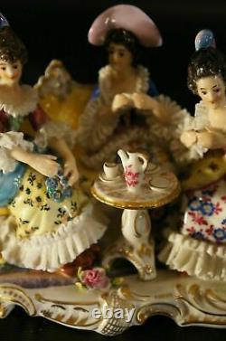 Antique Dresden VOLKSTEDT Porcelain Figurine Three Lady Having Tea Time