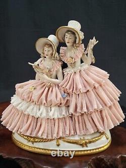 Antique Dresden Volkstedt Porcelain Lace Group Figurine Sisters Reading Book