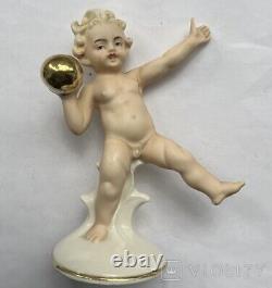 Antique Figurine Boy Golden Ball Germany Porcelain Statuette Marked Rare 20th