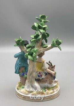Antique Fine SP Dresden Porcelain Group Boy Girl Goat Grape Vines Tree