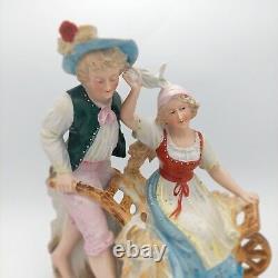 Antique French Pair Porcelain Bisque Victorian Trucks Hand Painted Figures