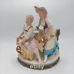 Antique French Pair Porcelain Bisque Victorian Trucks Hand Painted Figures