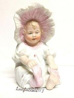 Antique Gebruder Heubach BISQUE Pair Bonnet Girl Baby Piano Miniatures Figurines