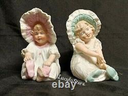 Antique Gebruder Heubach BISQUE Pair Bonnet Girl Baby Piano Miniatures Figurines