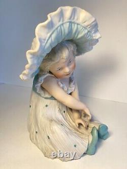 Antique Gebruder Heubach Bisque LARGE Bonnet Girl Baby Piano Figure HTF Rare 9