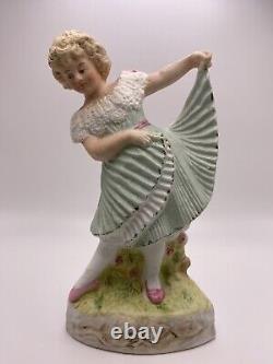 Antique Genruder Heubach Bisque Dancing Girl Green Piano Skirt Figurine 1890s