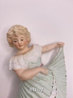 Antique Genruder Heubach Bisque Dancing Girl Green Piano Skirt Figurine 1890s