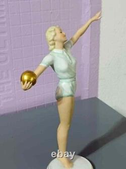 Antique German Art Deco Schaubach Kunts Porcelain Figurine, Golden Ball, 9.5 H