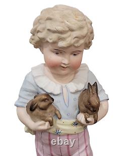 Antique German Bisque Boy Figurine Holding Two Bunny Rabbit Heubach