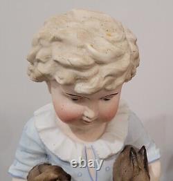 Antique German Bisque Boy Figurine Holding Two Bunny Rabbit Heubach