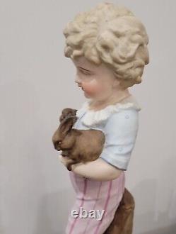 Antique German Bisque Boy Figurine Holding Two Bunny Rabbit Heubach