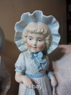 Antique German Bisque Porcelain Figurine Pair Boy Girl 16 Light Blue Charming
