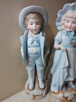 Antique German Bisque Porcelain Figurine Pair Boy Girl 16 Light Blue Charming