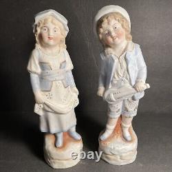 Antique German Bisque Porcelain Figurines 2 Young Boy & Girl Victorian Vintage