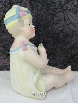 Antique German Bisque Porcelain Piano Baby Figurine Girl with Grapes Heubach