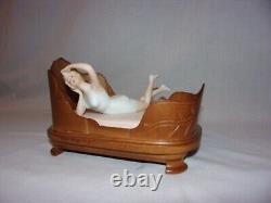 Antique German Bisque Risque Woman Doll On Carved Fruitwood Bed Beyond Sweet