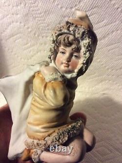 Antique German Christmas Snowgirl Snowbaby Bisque Vase Candy Container