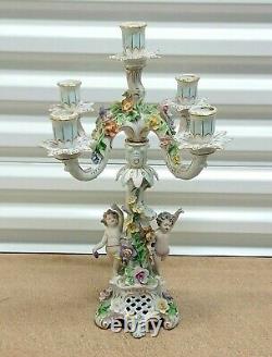 Antique German Dresden 5-lights porcelain figurine candelabra, 18.5 high