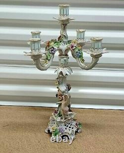 Antique German Dresden 5-lights porcelain figurine candelabra, 18.5 high