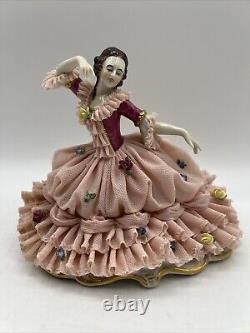 Antique German Dresden Lace Lady Dancing Figurine 6.5 In Display Box RARE