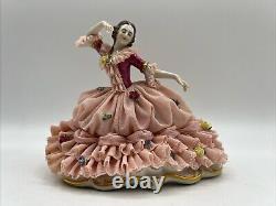 Antique German Dresden Lace Lady Dancing Figurine 6.5 In Display Box RARE