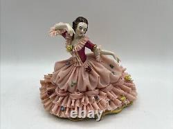 Antique German Dresden Lace Lady Dancing Figurine 6.5 In Display Box RARE