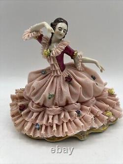 Antique German Dresden Lace Lady Dancing Figurine 6.5 In Display Box RARE