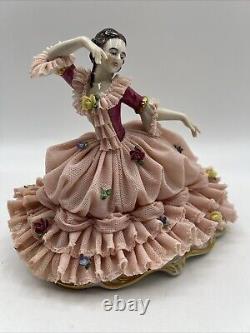 Antique German Dresden Lace Lady Dancing Figurine 6.5 In Display Box RARE