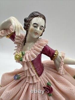 Antique German Dresden Lace Lady Dancing Figurine 6.5 In Display Box RARE