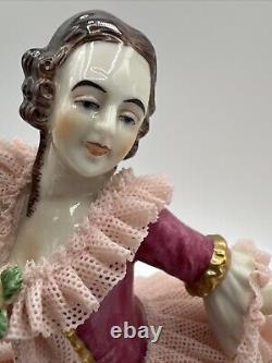 Antique German Dresden Lace Lady Dancing Figurine 6.5 In Display Box RARE