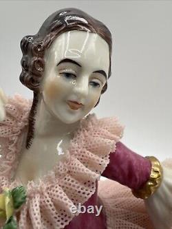 Antique German Dresden Lace Lady Dancing Figurine 6.5 In Display Box RARE