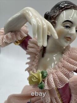 Antique German Dresden Lace Lady Dancing Figurine 6.5 In Display Box RARE