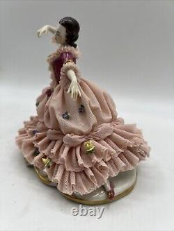 Antique German Dresden Lace Lady Dancing Figurine 6.5 In Display Box RARE