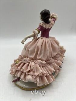 Antique German Dresden Lace Lady Dancing Figurine 6.5 In Display Box RARE