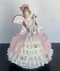 Antique German Dresden Lace Victorian Lady With Fan Figurine 6.5