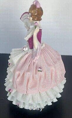 Antique German Dresden Lace Victorian Lady With Fan Figurine 6.5