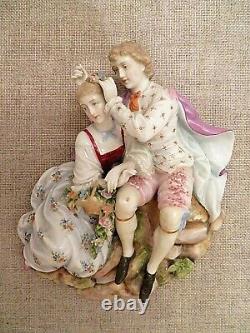 Antique German Dresden Porcelain Couple Figurine Wall Decor Plaque Hanging 9 x 9