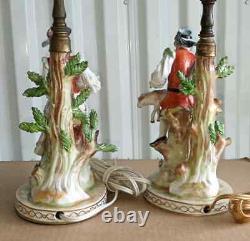 Antique German Dresden Porcelain Figurine Table Lamps Couple, 9 high