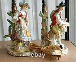 Antique German Dresden Porcelain Figurine Table Lamps Couple, 9 high