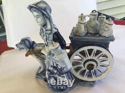 Antique German Exquisite Cobalt Blue & White Delft Figurine Dutch Girl & Dog