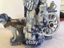 Antique German Exquisite Cobalt Blue & White Delft Figurine Dutch Girl & Dog