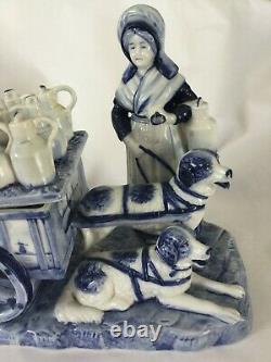 Antique German Germany Delft Figurine Cobalt Blue Milk Wagon W Dutch Girl & Dogs